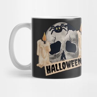 broken skull with candles and spider for Halloween Mug